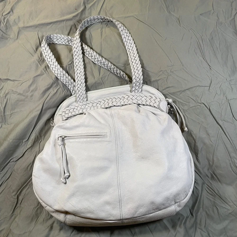 Sorial New York Light Grey Pebbled Leather Braided Strap Hobo Shoulder Bag Boho
